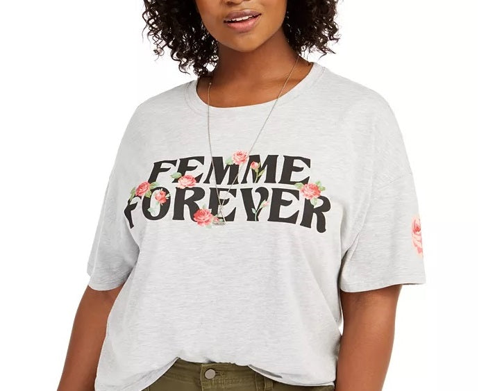 Camiseta feminina Love Tribe Plus Femme Forever Cropped Cinza Tamanho 1X