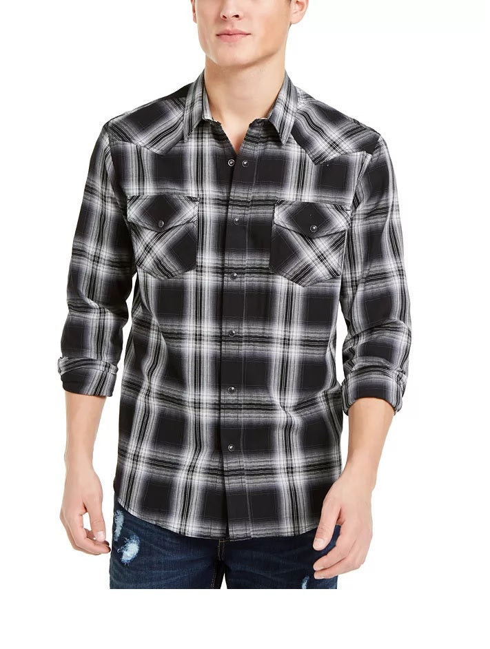 Camisa social masculina com gola estampada Sun + Stone, preta, tamanho pequeno