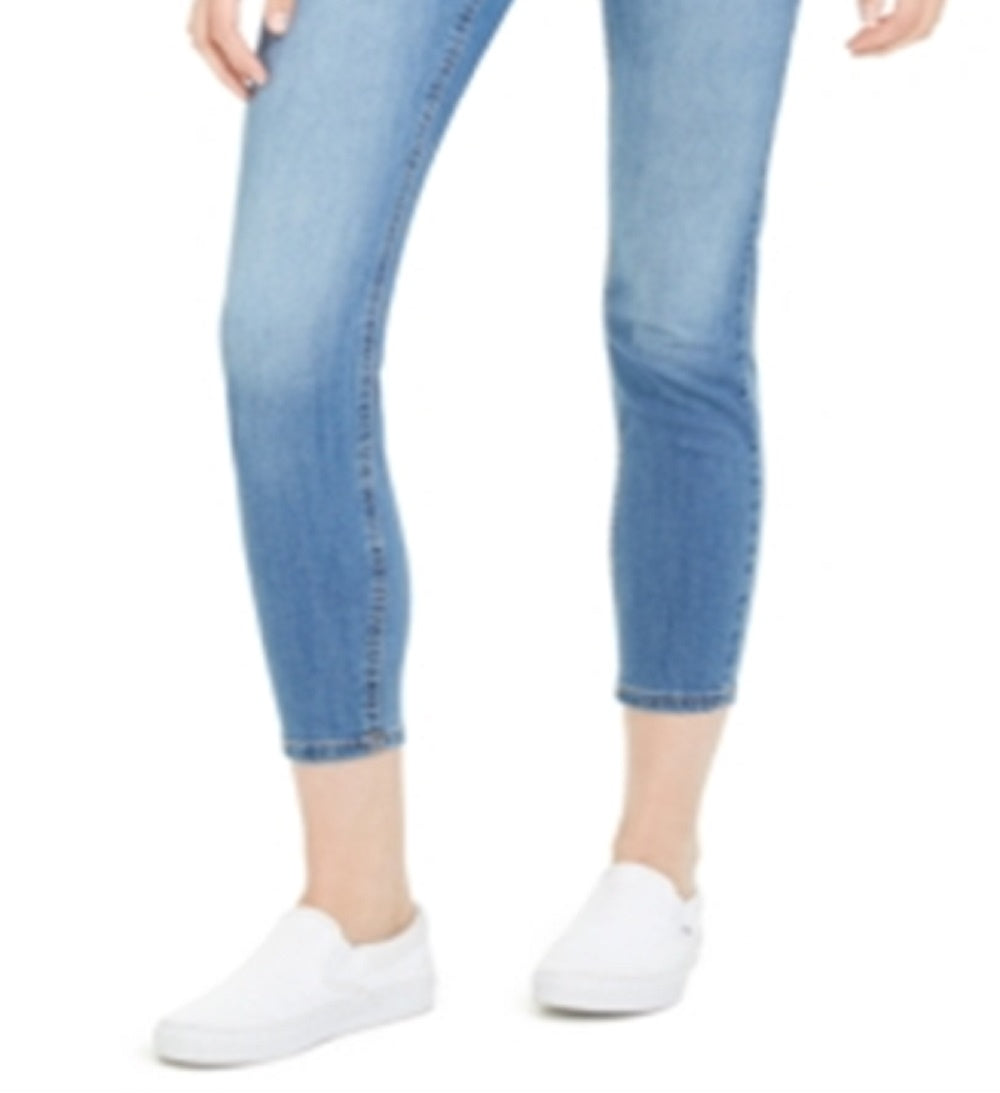 Calça jeans skinny feminina rosa celebridade, cintura alta, azul, tamanho 7