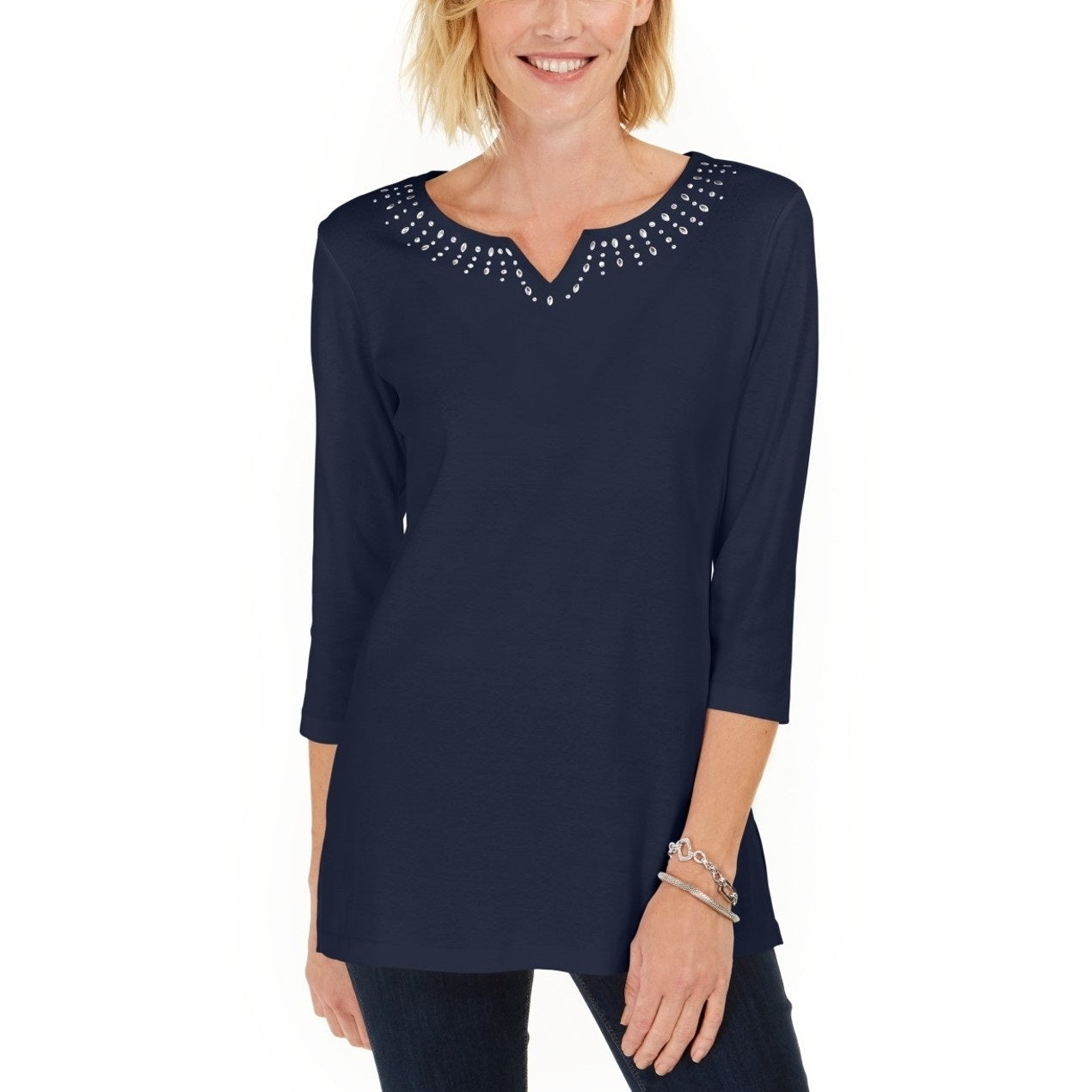 Karen Scott Blusa Feminina de Algodão com Tachas e Gola Dividida Azul Tamanho XS