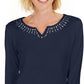 Karen Scott Blusa Feminina de Algodão com Tachas e Gola Dividida Azul Tamanho XS