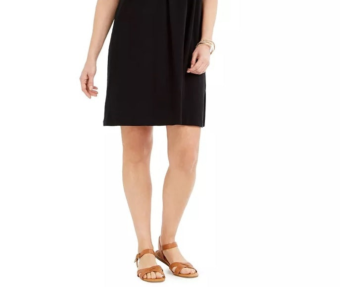 Vestido estilo camiseta feminino com ilhós e mangas esvoaçantes, preto, tamanho grande