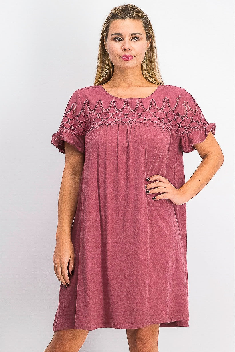 Vestido estilo camiseta feminino com ilhós e mangas bufantes, rosa, tamanho médio