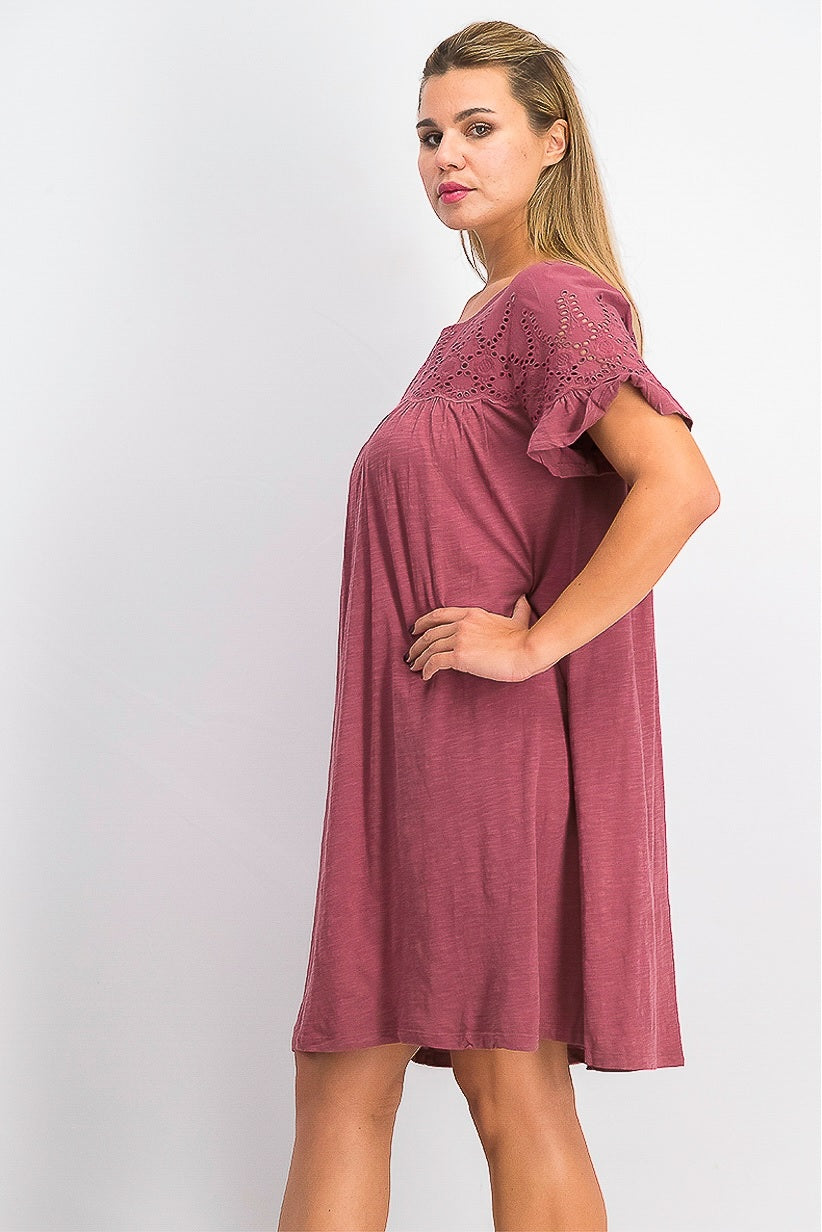 Vestido estilo camiseta feminino com ilhós e mangas bufantes, rosa, tamanho médio