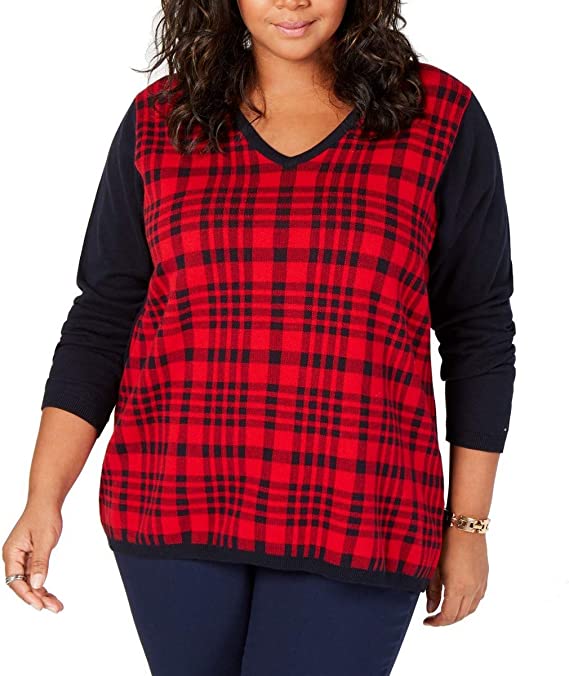 Tommy Hilfiger Suéter feminino xadrez manga comprida gola V vermelho tamanho 3XL