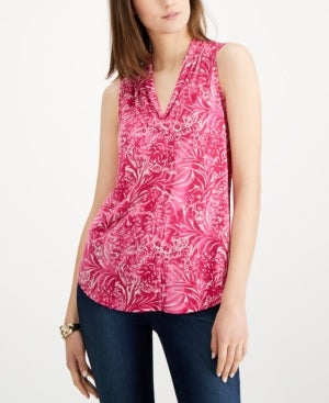 Charter Club Top feminino sem mangas estampado com decote plissado rosa tamanho pequeno