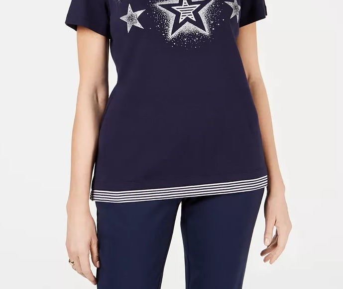 Blusa feminina Karen Scott de algodão com estampa de estrela, azul, tamanho pequeno