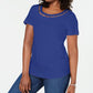 Karen Scott Blusa Feminina de Algodão com Decote em Treliça e Enfeites Azul Tamanho Médio