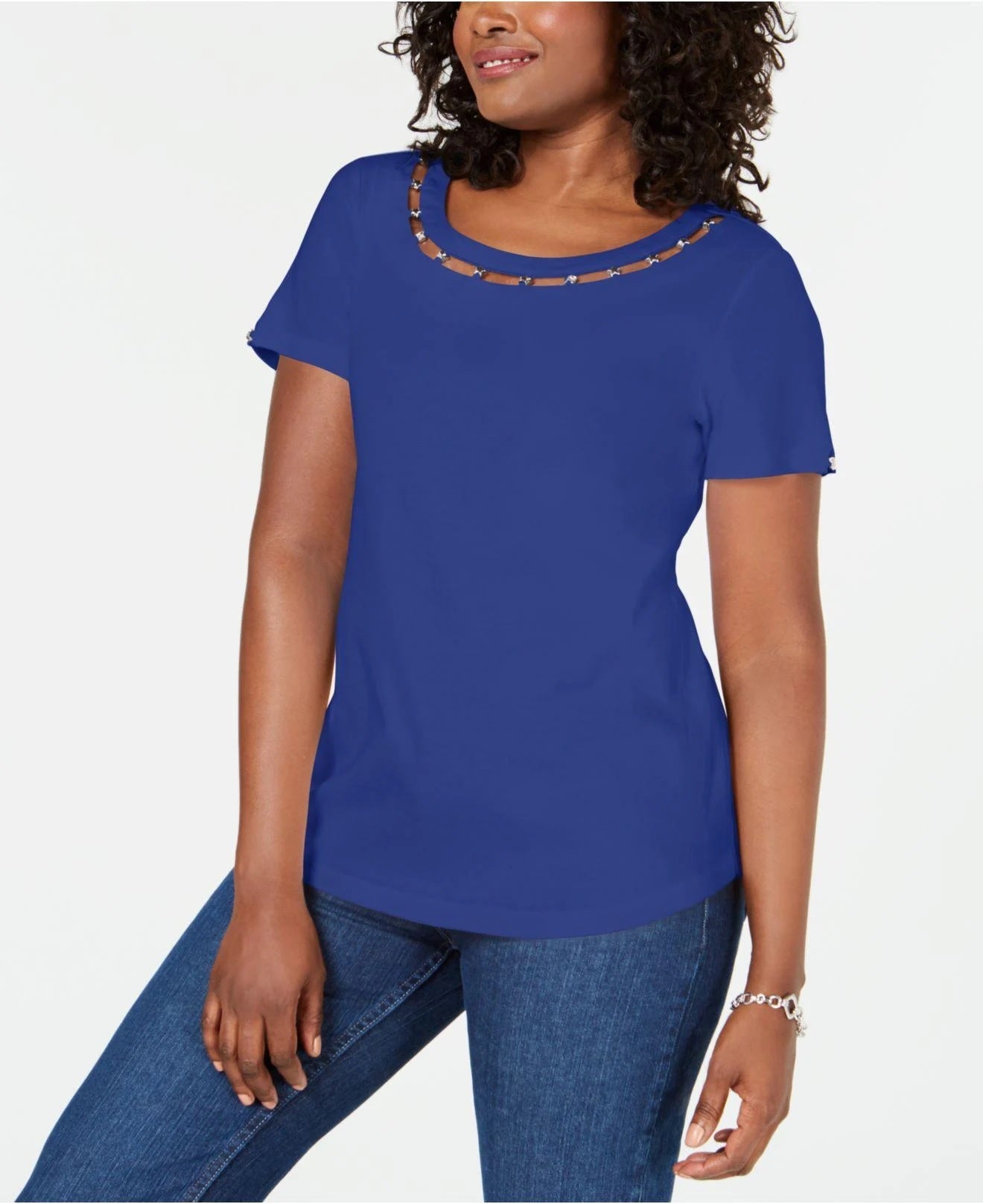 Karen Scott Blusa Feminina de Algodão com Decote em Treliça e Enfeites Azul Tamanho Médio