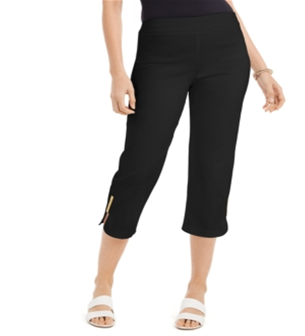 Calça Capri Feminina JM Collection com Punho Enfeitado, Preta, Tamanho Grande