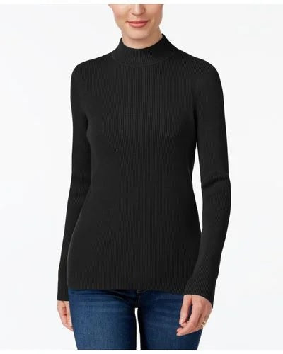 Karen Scott Suéter Feminino de Algodão com Gola Falsa Preto/Branco Tamanho P