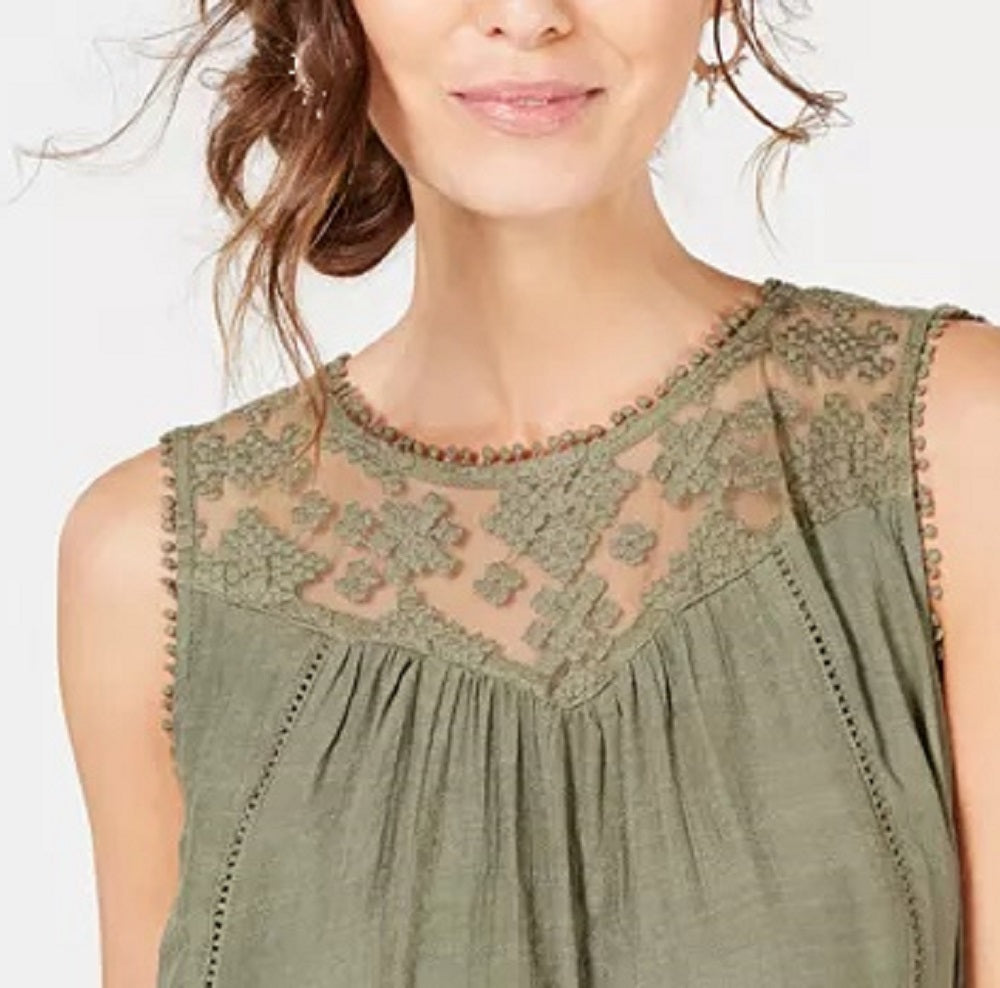 Top estilo feminino com acabamento em renda e alças finas, bege, tamanho pequeno