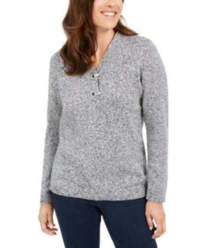 Karen Scott Suéter Henley de Algodão Marmorizado Feminino Cinza Tamanho P