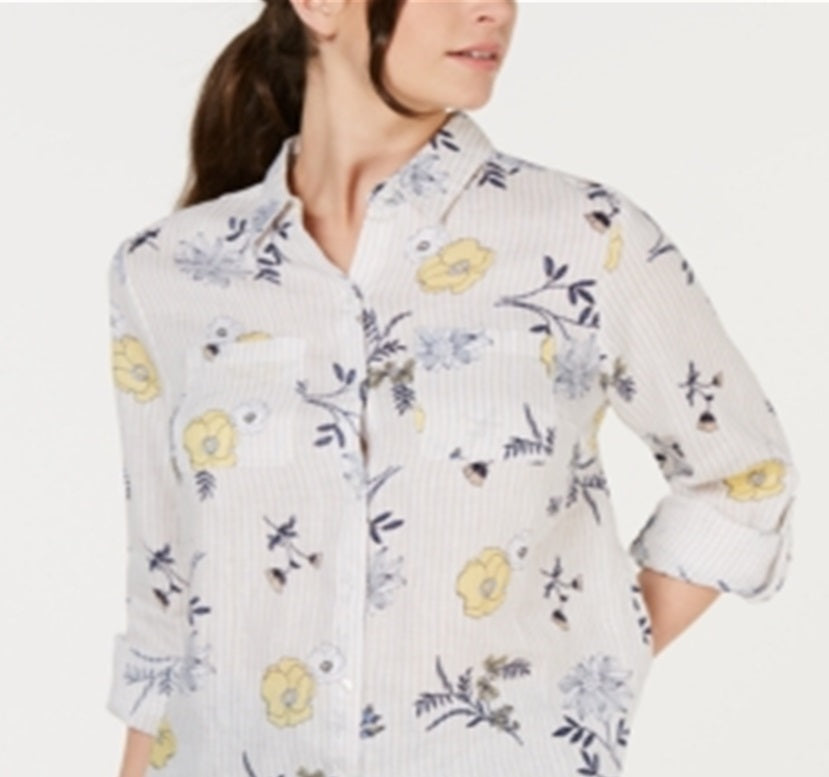 Camisa feminina Charter Club de linho estampada com botões, branca, tamanho pequeno GG
