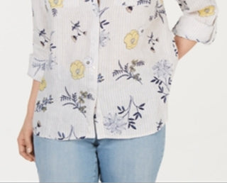 Camisa feminina Charter Club de linho estampada com botões, branca, tamanho pequeno GG