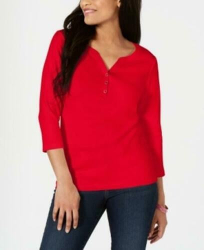 Karen Scott Blusa Feminina de Algodão com Gola Henley Vermelha Tamanho PL