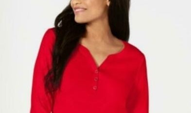 Karen Scott Blusa Feminina de Algodão com Gola Henley Vermelha Tamanho PL