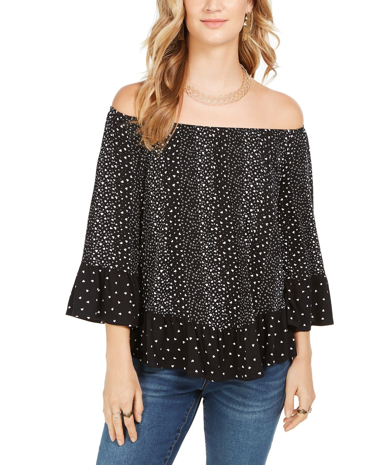 Top feminino estampado ombro a ombro estilo &amp; co, preto, tamanho pequeno