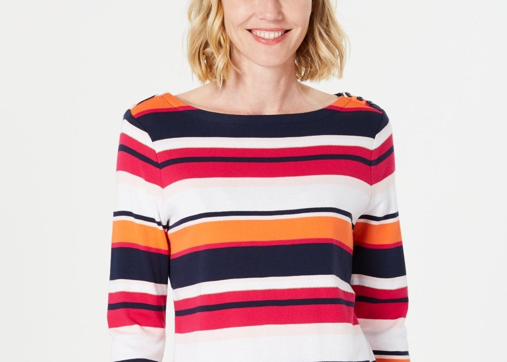 Charter Club Blusa feminina de algodão Pima com botões e listras, rosa, tamanho XX-G