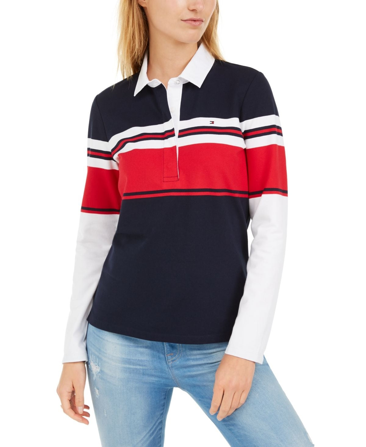 Camisa polo feminina Tommy Hilfiger de manga comprida vermelha/azul tamanho X-S