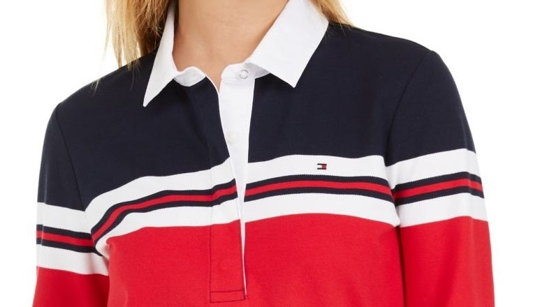 Camisa polo feminina Tommy Hilfiger de manga comprida vermelha/azul tamanho X-S