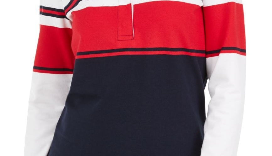 Camisa polo feminina Tommy Hilfiger de manga comprida vermelha/azul tamanho X-S