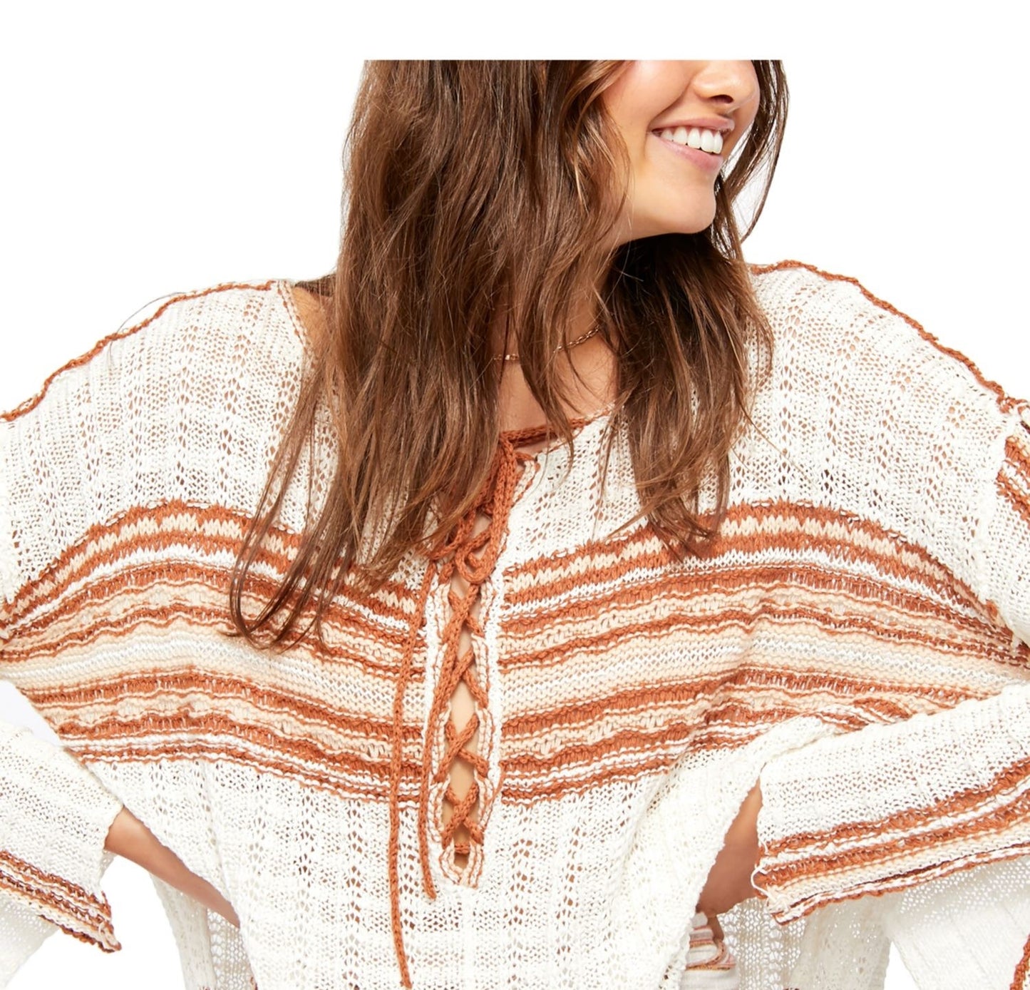 Suéter túnica listrado de manga comprida e gola redonda feminino Free People, tamanho pequeno, branco