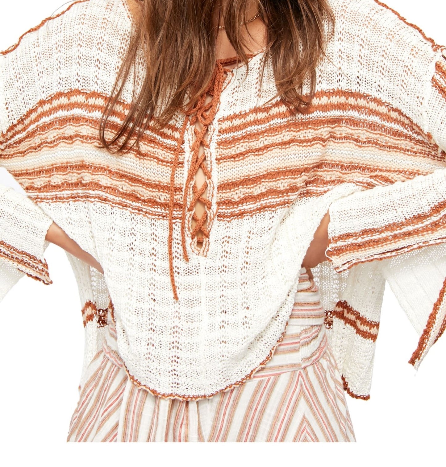 Suéter túnica listrado de manga comprida e gola redonda feminino Free People, tamanho pequeno, branco