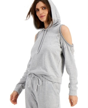 Moletom com capuz feminino INC International Concepts com franjas e ombros descobertos, cinza, tamanho grande