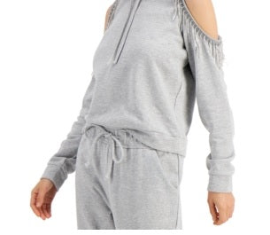 Moletom com capuz feminino INC International Concepts com franjas e ombros descobertos, cinza, tamanho grande