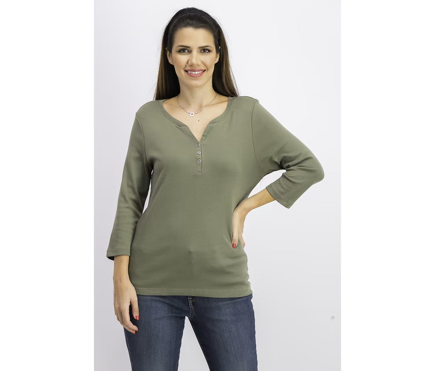 Karen Scott Blusa Feminina Petite Cotton Henley com Gola Verde Oliva Tamanho Médio