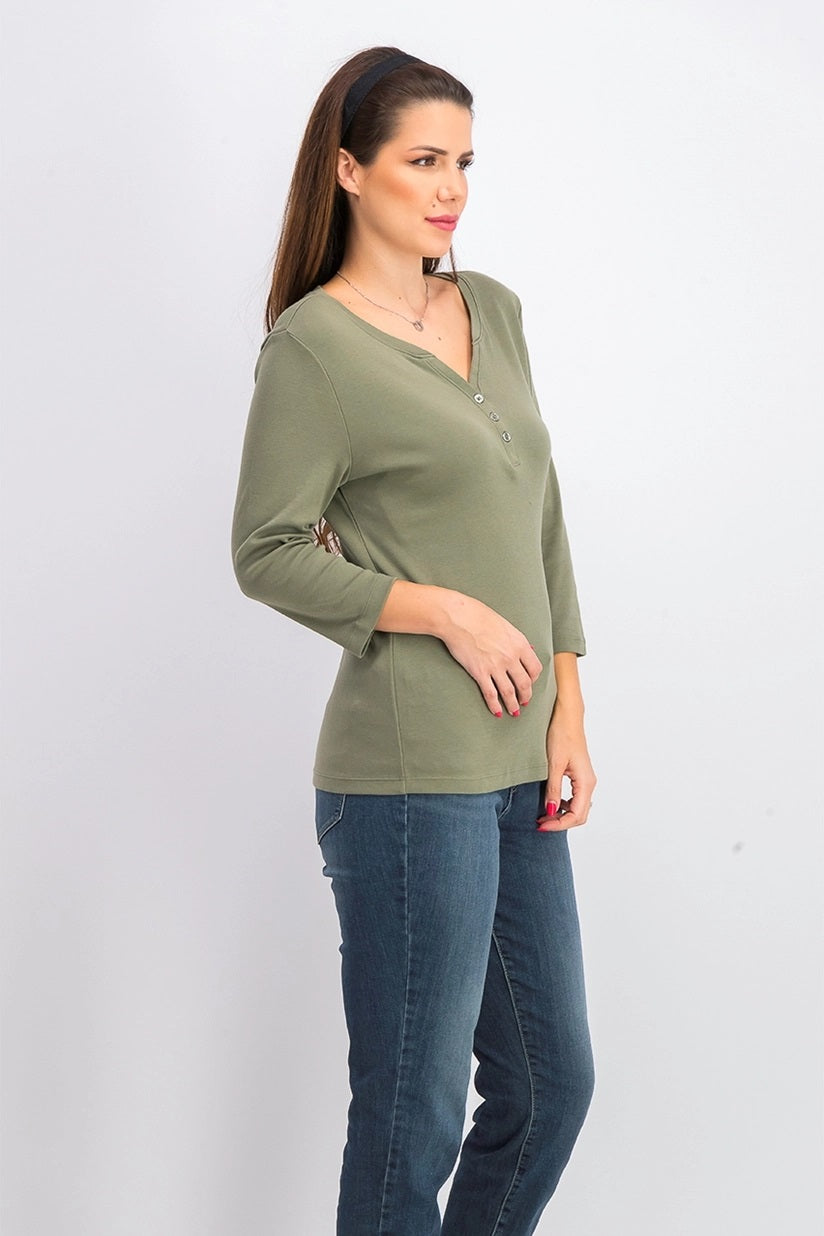 Karen Scott Blusa Feminina Petite Cotton Henley com Gola Verde Oliva Tamanho Médio