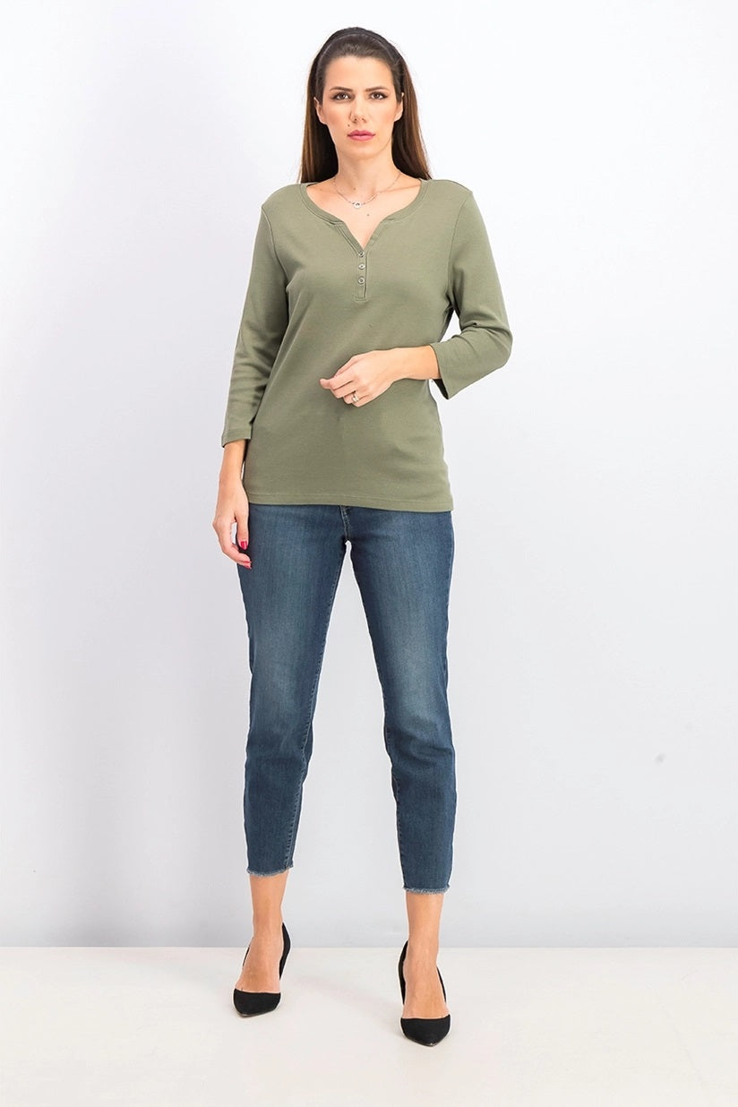 Karen Scott Blusa Feminina Petite Cotton Henley com Gola Verde Oliva Tamanho Médio