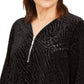JM Collection Blusa feminina estampada de veludo com zíper e acabamento em preto, tamanho pequeno