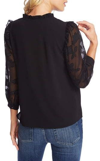 Top feminino CeCe com manga jacquard floral três quartos, cinza, tamanho pequeno