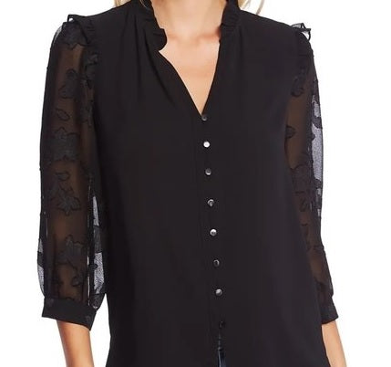 Top feminino CeCe com manga jacquard floral três quartos, cinza, tamanho pequeno