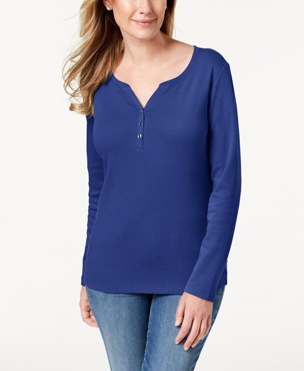 Karen Scott Top Henley de Algodão Feminino Azul Tamanho P