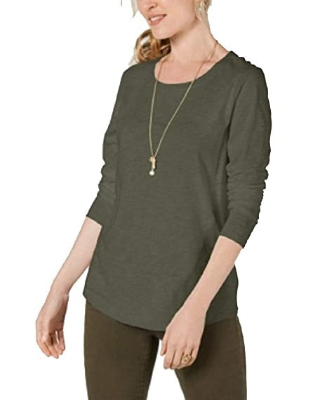 Blusa feminina de manga comprida e gola redonda, verde oliva, tamanho pequeno, estilo &amp; co