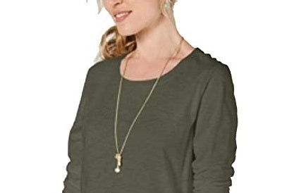 Blusa feminina de manga comprida e gola redonda, verde oliva, tamanho pequeno, estilo &amp; co