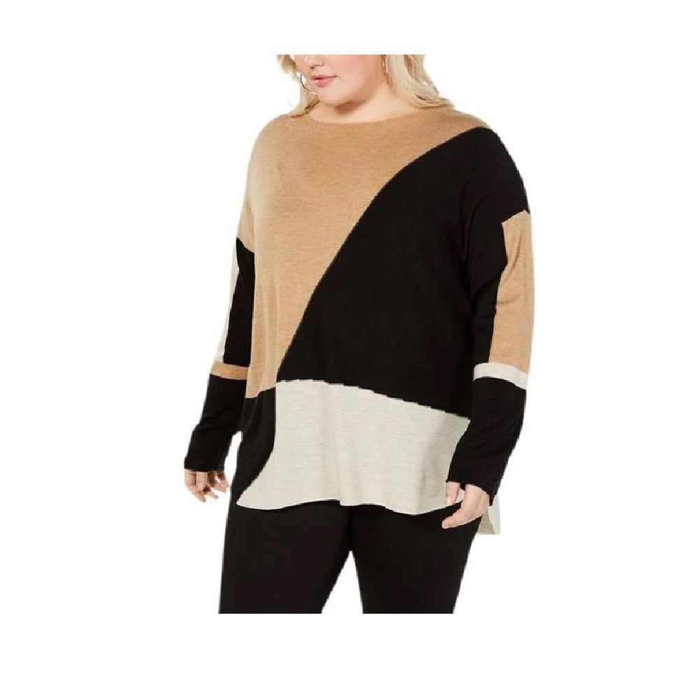 Suéter feminino plus size em malha colorblock da INC International Concepts, preto, vários tamanhos, 0X
