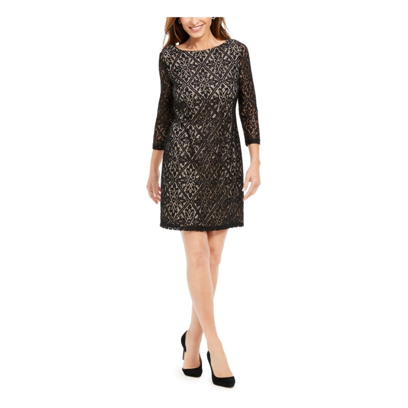 Vestido curto feminino Jessica Howard com lantejoulas e renda, manga 3/4, gola redonda, para uso no trabalho, preto, tamanho 14 P