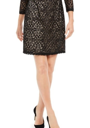 Vestido curto feminino Jessica Howard com lantejoulas e renda, manga 3/4, gola redonda, para uso no trabalho, preto, tamanho 14 P