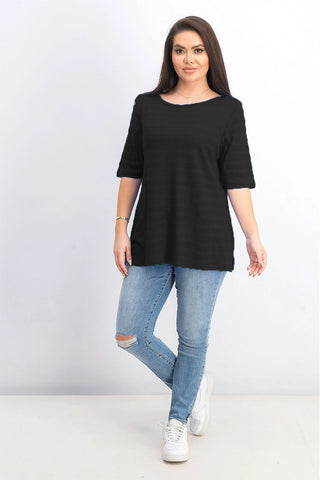 Charter Club Top feminino de algodão com textura listrada e manga cotovelo, preto, tamanho grande