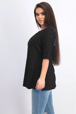 Charter Club Top feminino de algodão com textura listrada e manga cotovelo, preto, tamanho grande