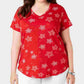Camiseta feminina plus size de algodão estampada estilo &amp; co vermelha tamanho 0X