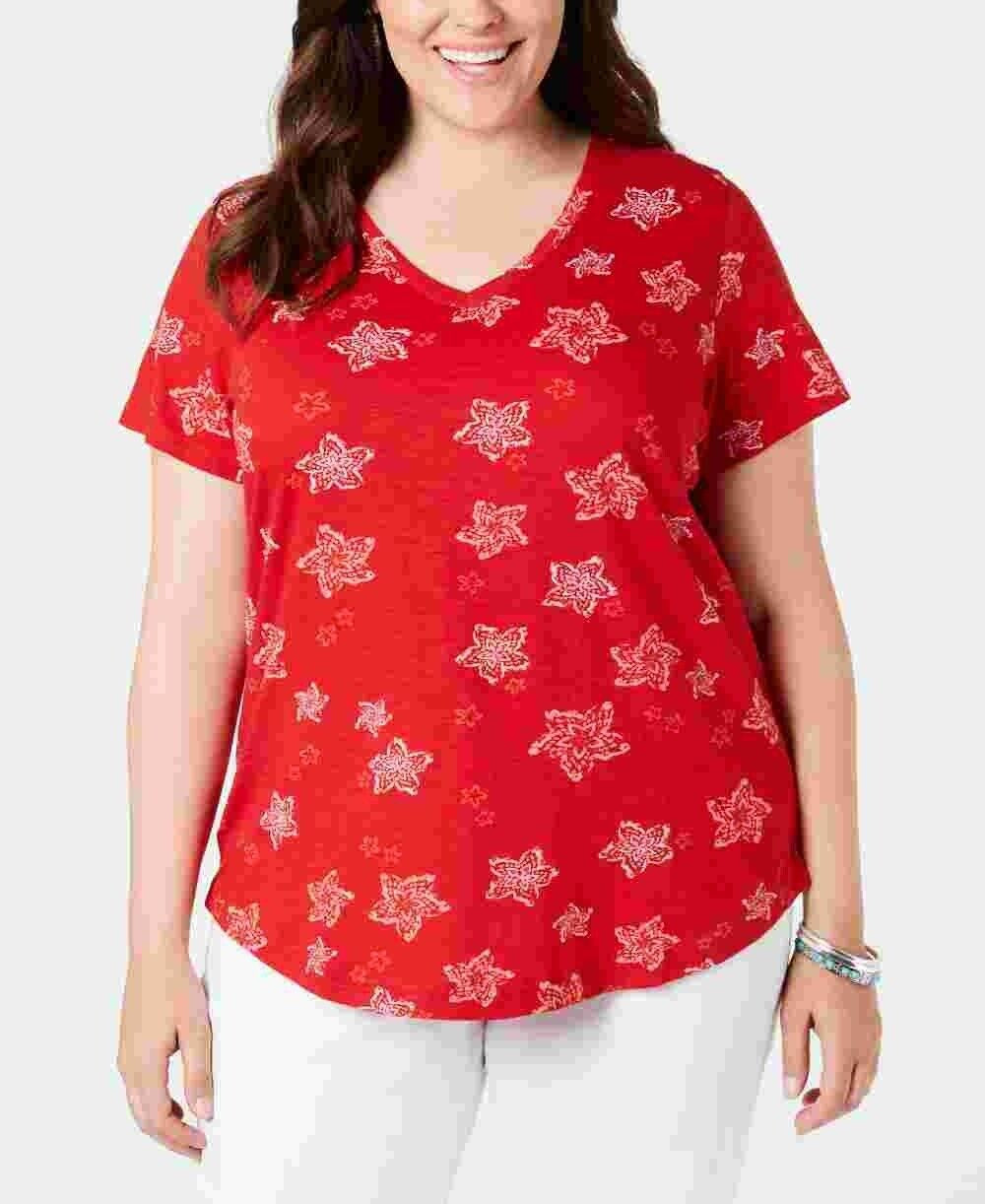 Camiseta feminina plus size de algodão estampada estilo &amp; co vermelha tamanho 0X