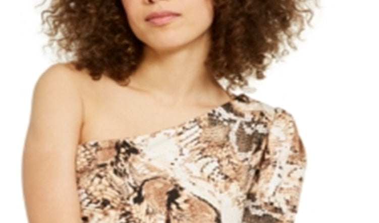 Blusa feminina com estampa de cobra e um ombro, INC International Concepts, marrom, tamanho grande