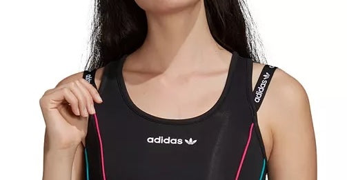 Blusa curta feminina estilo nadador, com efeito em camadas, da Adidas Originals, preta, tamanho médio