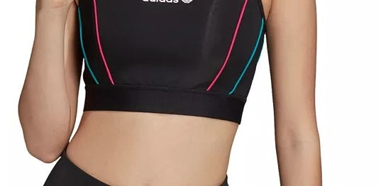 Blusa curta feminina estilo nadador, com efeito em camadas, da Adidas Originals, preta, tamanho médio