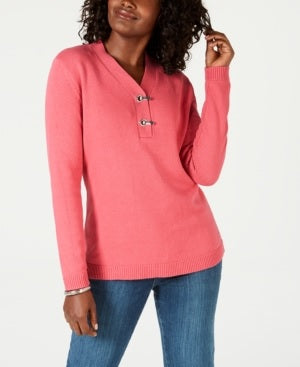 Karen Scott Suéter de algodão com decote em V feminino Hardware - Rosa Tamanho X-S